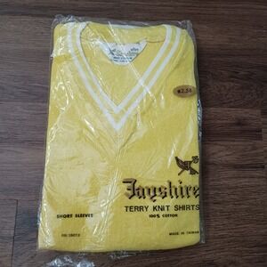 Vtg Jayshire Mens Terry Knit Shirt Yellow V-Neck Striped 100% Cotton RN 39012